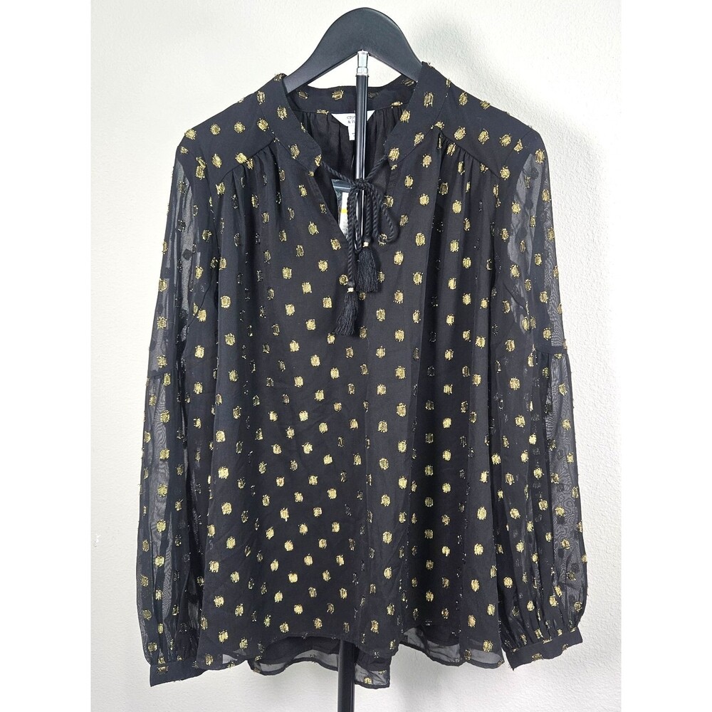 Crown & Ivy Womens Large Black Gold Metallic Dot Sheer Peasant Blouse Boho